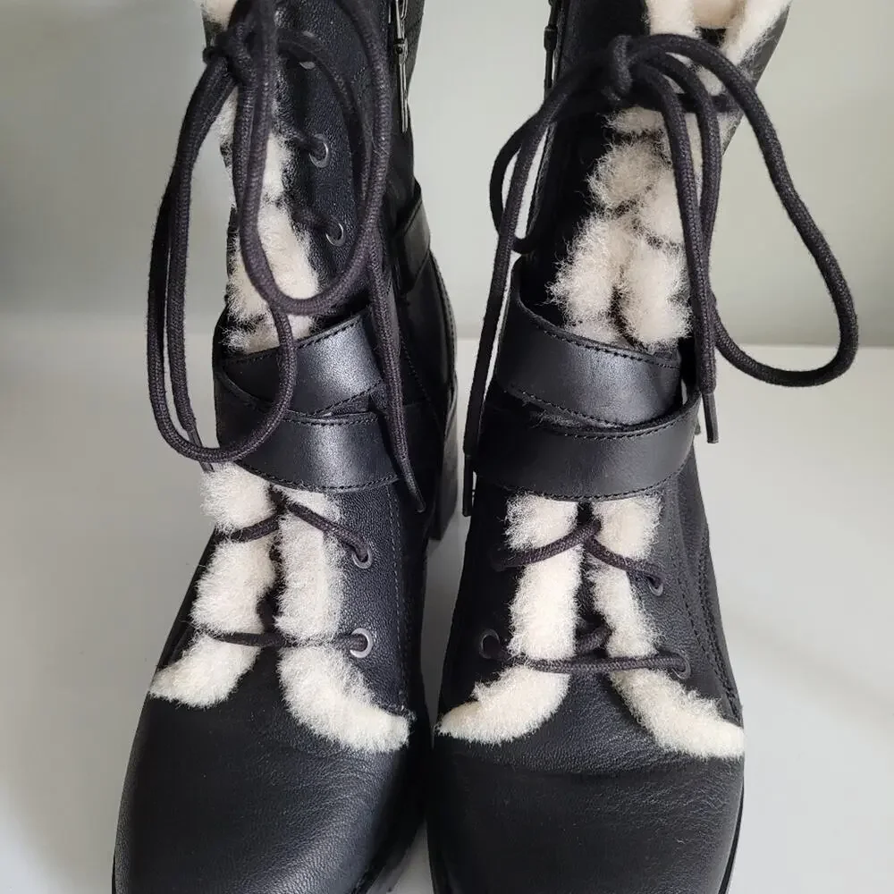 UGG Ingrid Black Leather Shearling Lug Sole Moto Combat Boots Size 7